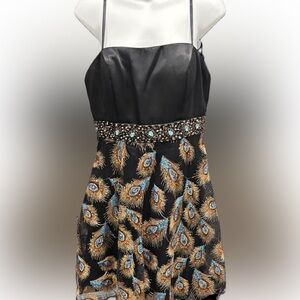 Dave & Johnny Black and Gold Mini Dress with Feather Pattern